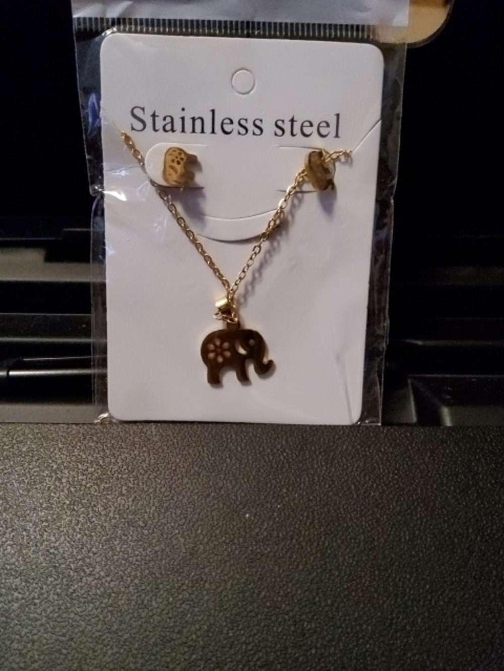 Gold Elephant Stainless Steel Necklace & Stud Earrings